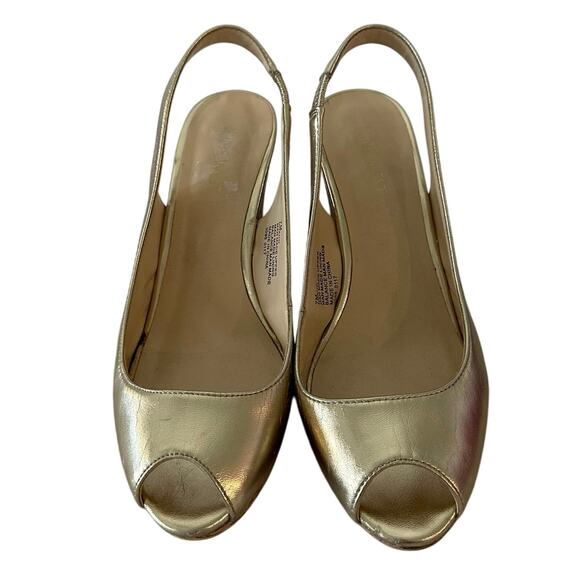 Nine West Womens 7M Heels Wedge Sandals Gold Metallic Slingback Cruise Wear - Picture 1 of 10